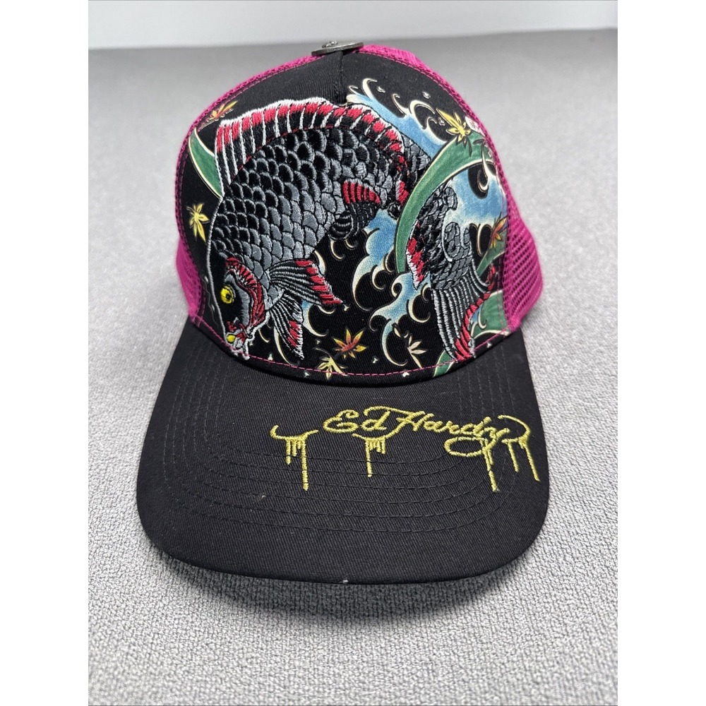 Ed Hardy Koi Fish Black & Pink Embroidered Trucker Hat